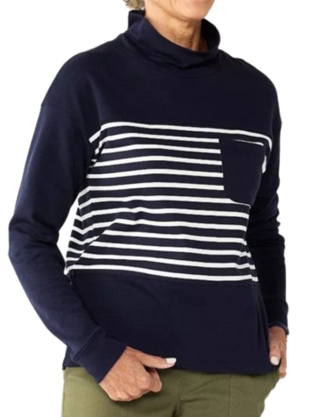 Croft & Barrow Plus Dark Blue Striped Sweatshirt Mockneck Pocket Square Cotton